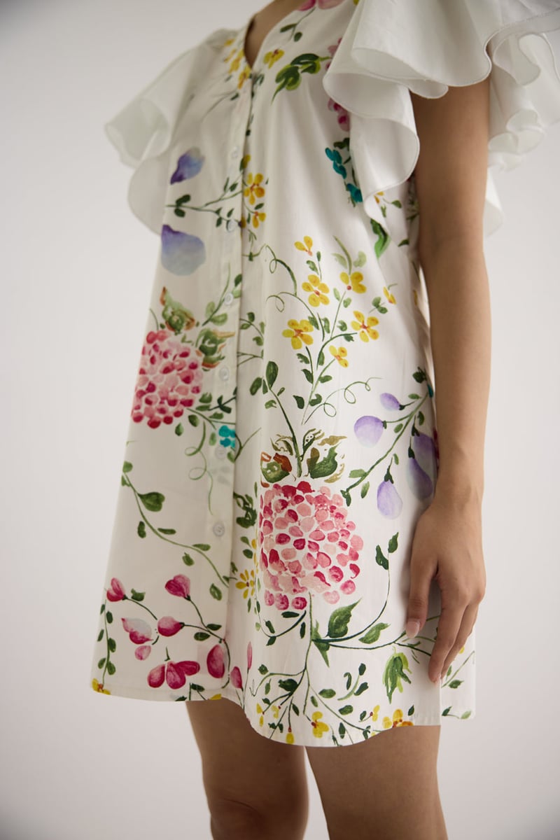 White Floral Printed Mini Dress with Flutter Sleeves