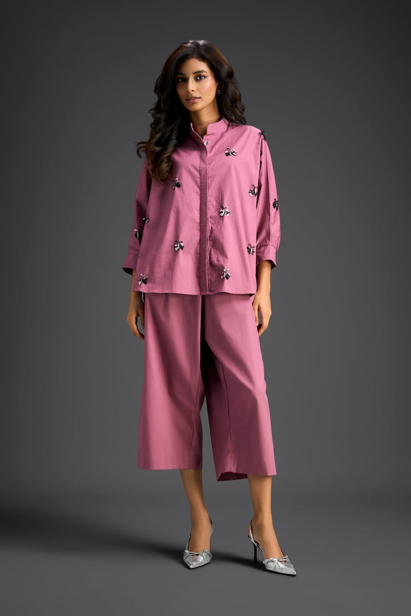 Pink Butterfly Embellished Pleated Shirt & Pants Set