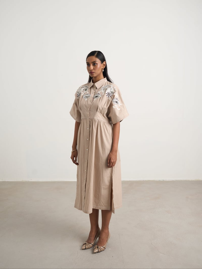 Beige Embroidered Button-Down Cotton Midi Shirt Dress