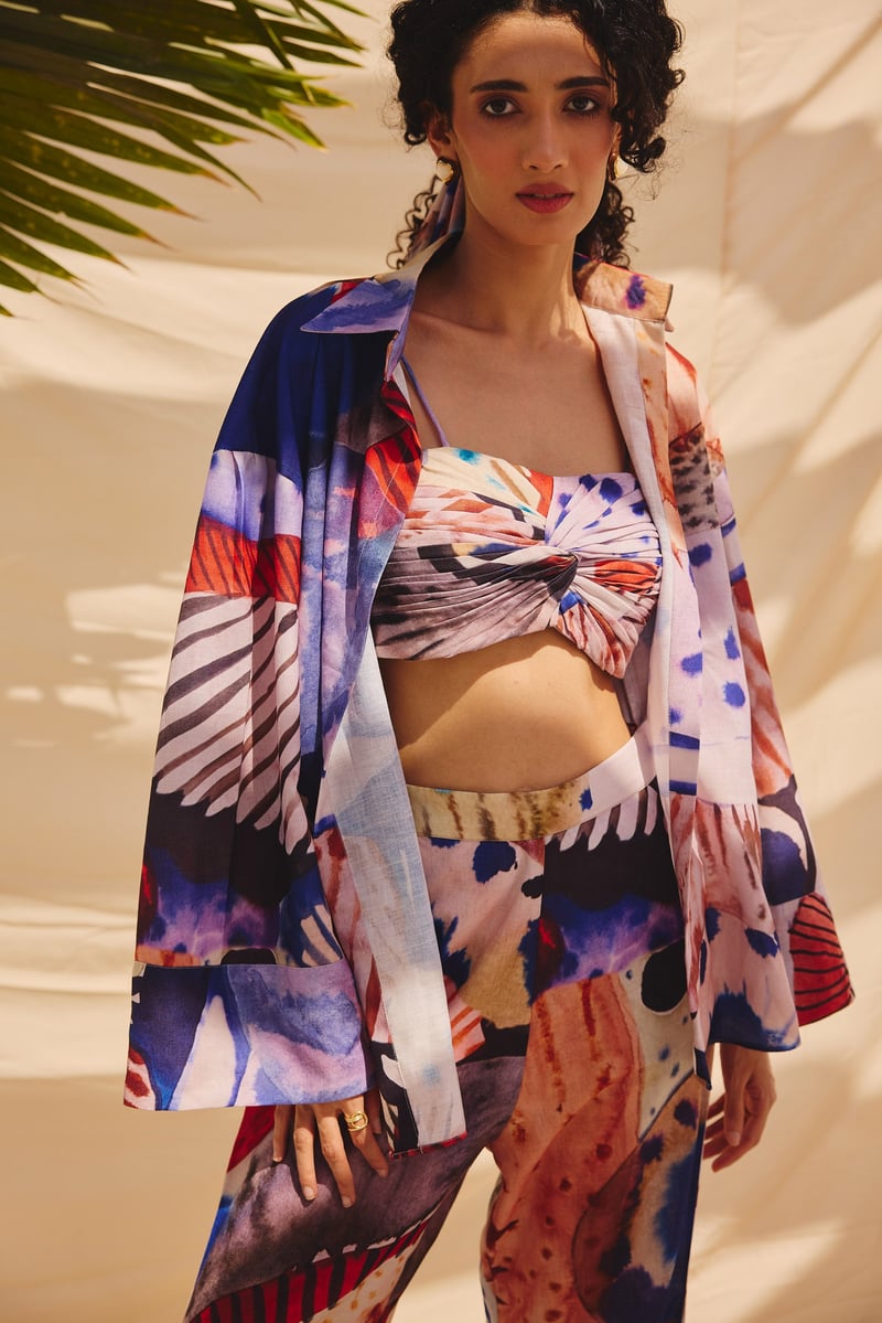 Multicolour Abstract Printed Wide-Leg Cotton Linen Trousers