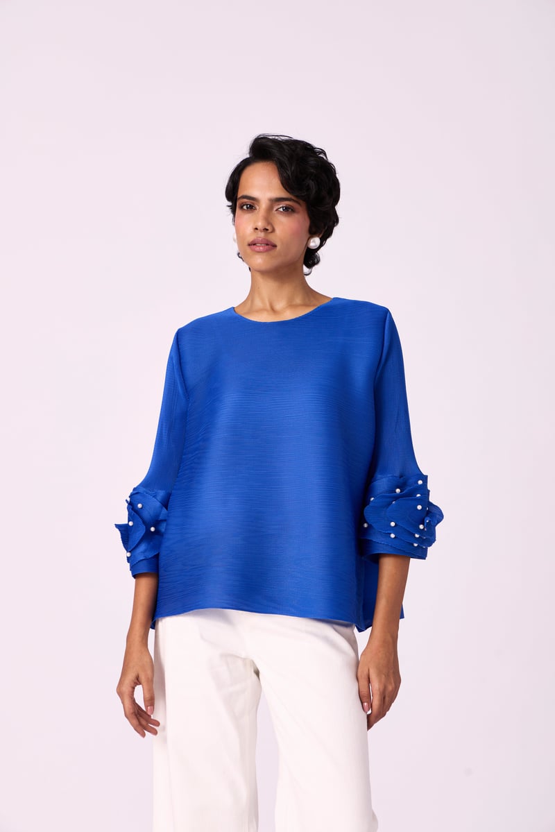 Azure Blue Pleated Top with Pearl Applique Sleeves