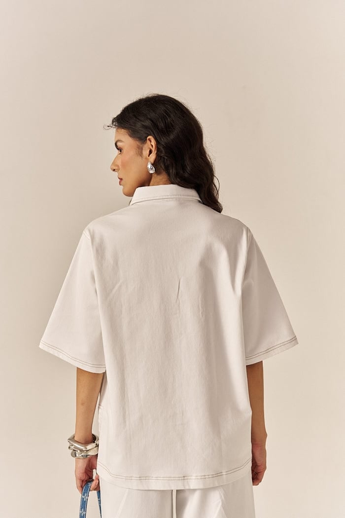 White Denim Oversized Shirt and Flared Pants Co-ord Set
