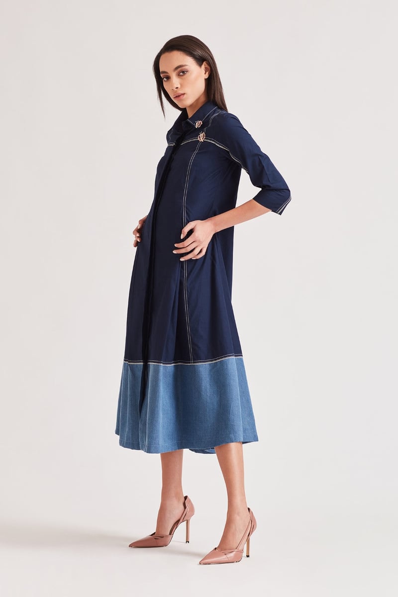 Navy Colorblocked A-Line Midi Shirt Dress