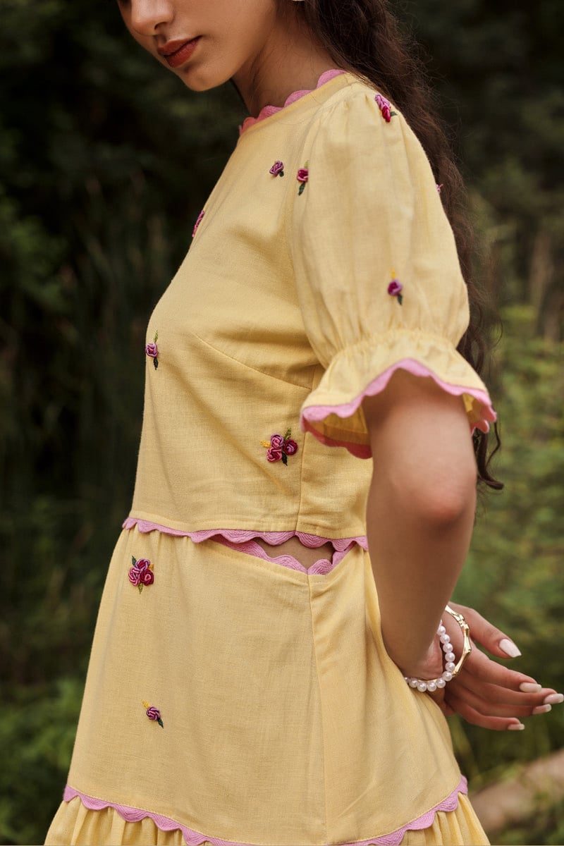Buttercup Yellow Tiered Mini Dress with Floral Embroidery