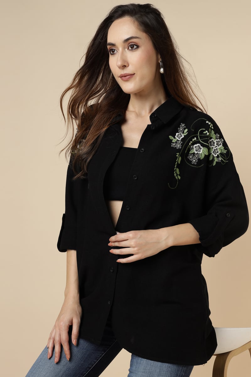 Black Button-Down Shirt with Floral Shoulder Embroidery