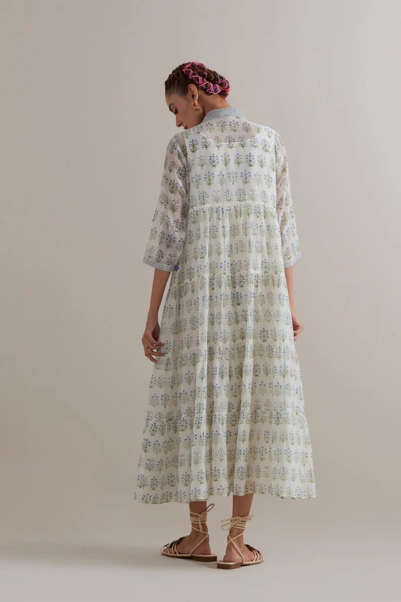 Blue/Green Floral Printed Tiered Kurta Set with Slip
