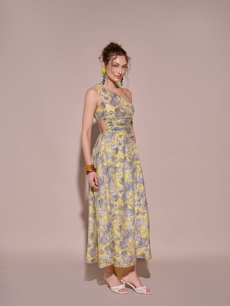 Yellow One-Shoulder Floral Printed Midi Dress with Slit