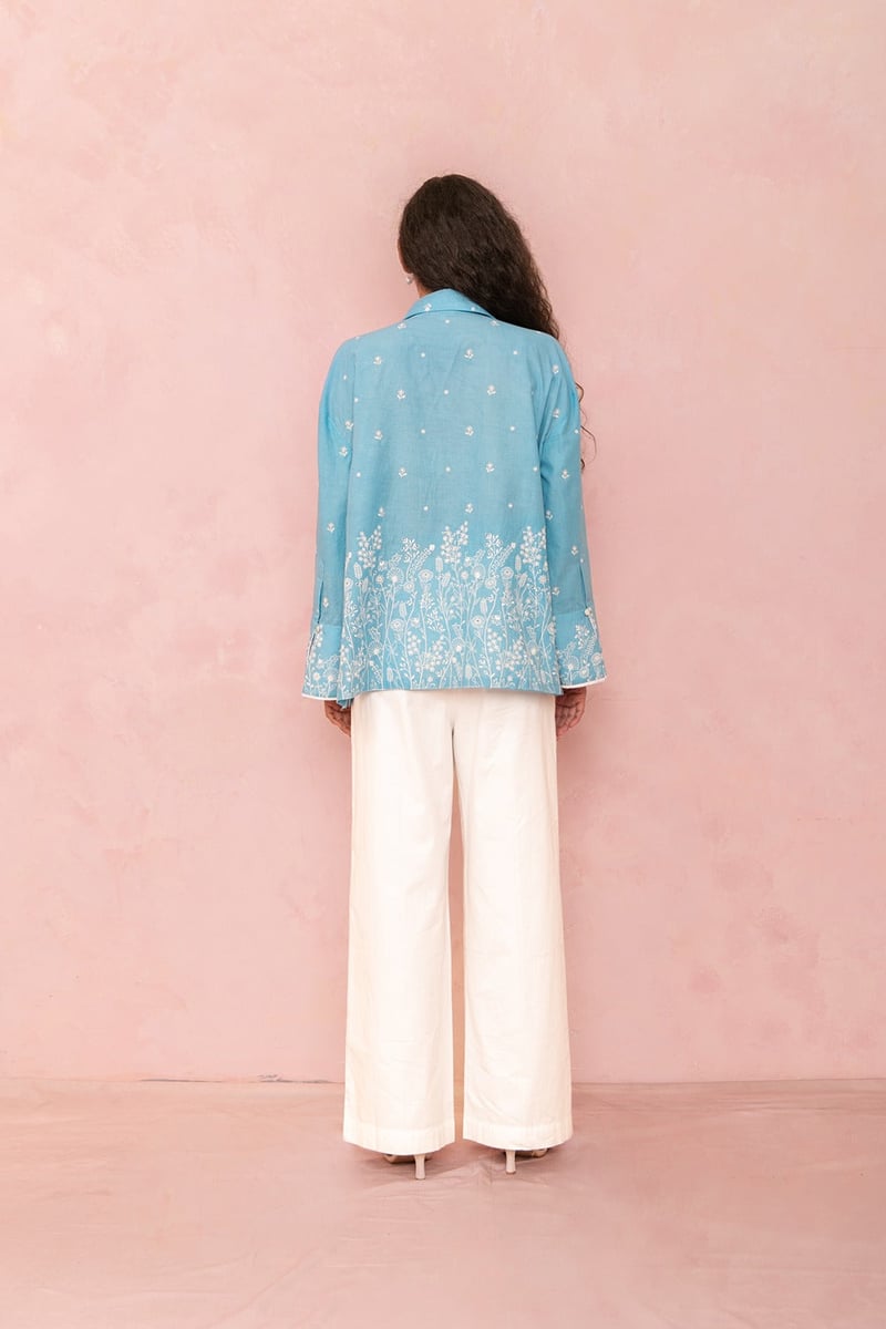 Blue Cotton Floral Print Button-Down Shirt