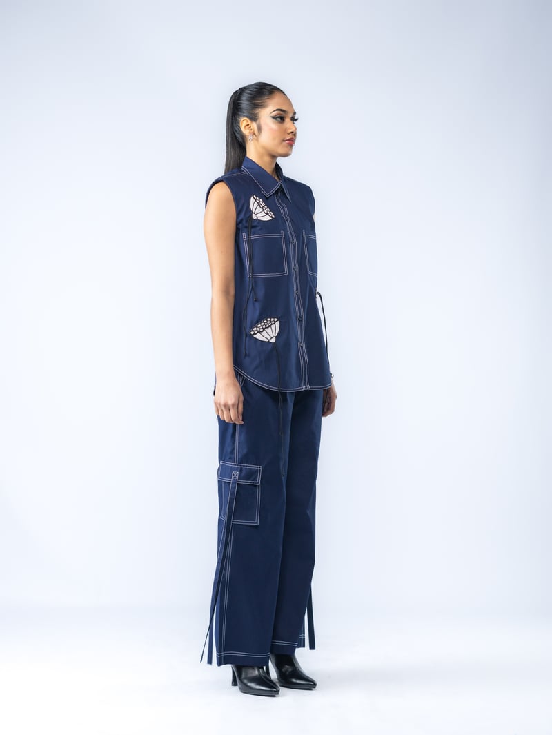 Navy Sleeveless Shirt and Wide-Leg Pants Co-ord Set