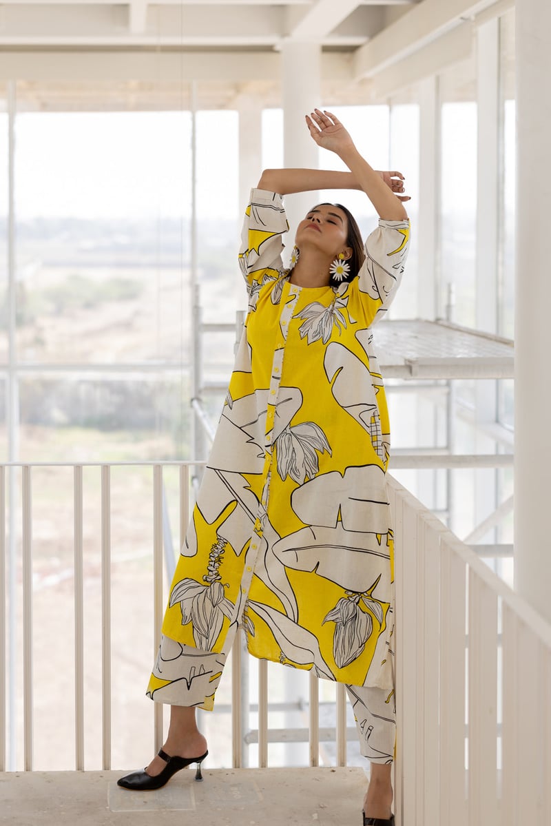 Yellow Banana Leaf Print Button-Down A-Line Kurta Set