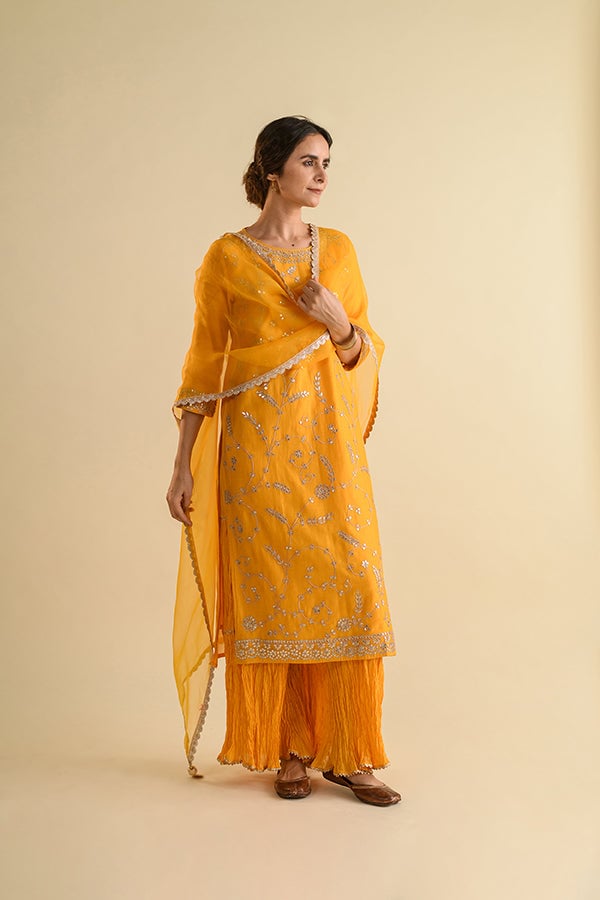 Saffron Yellow Gota Patti Chanderi Suit Set — Kameez