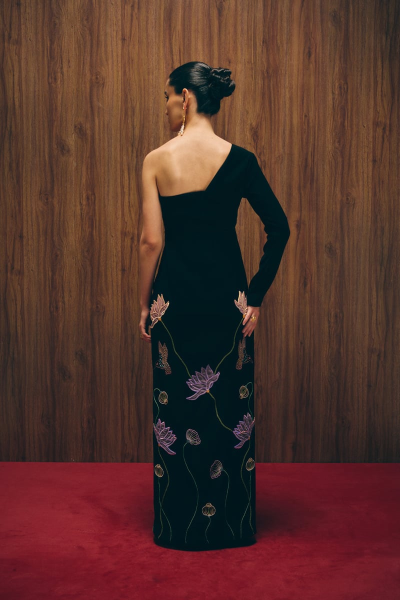 Black One-Shoulder Crepe Maxi Gown with Slit