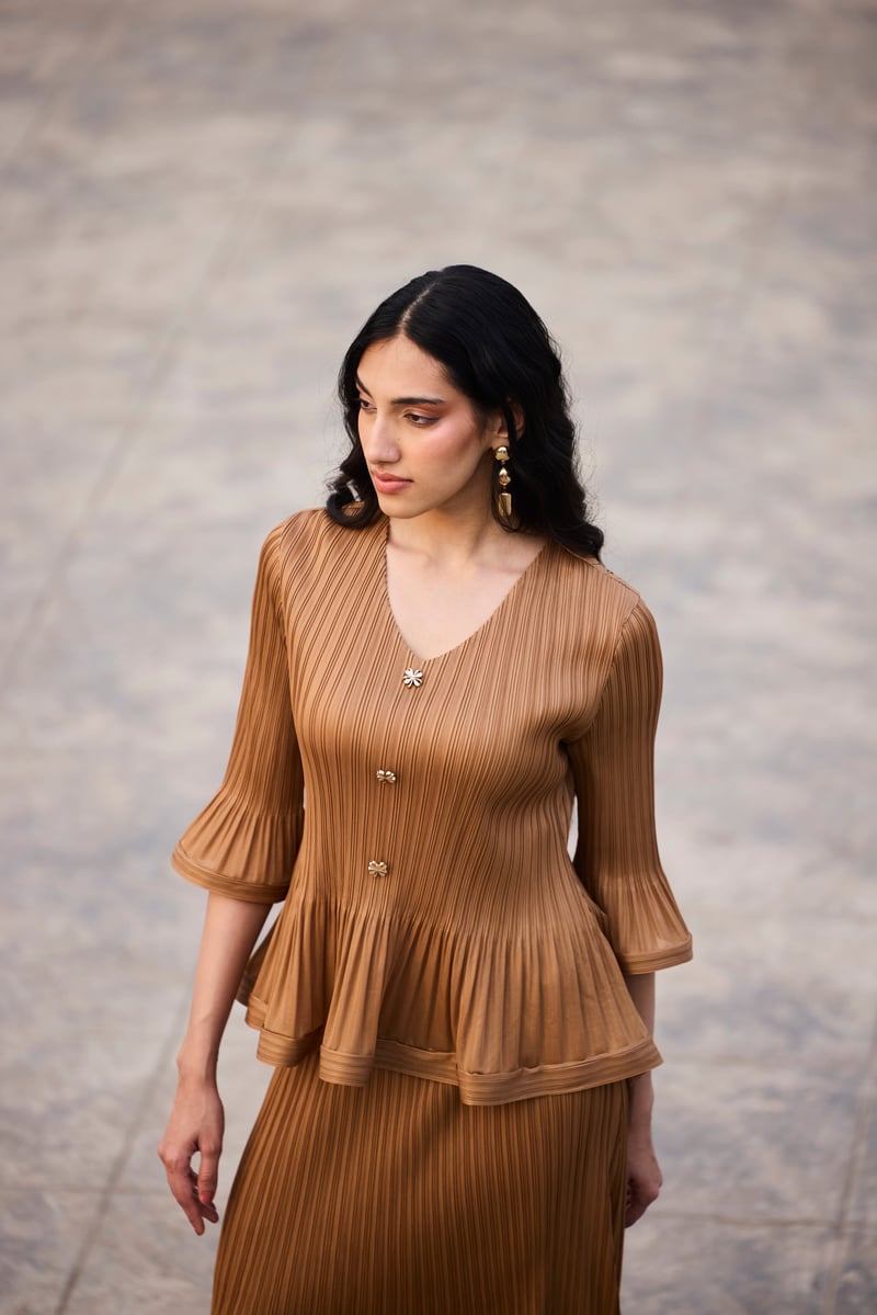Mocha Pleated Top and Midi Skirt Co-ord Set