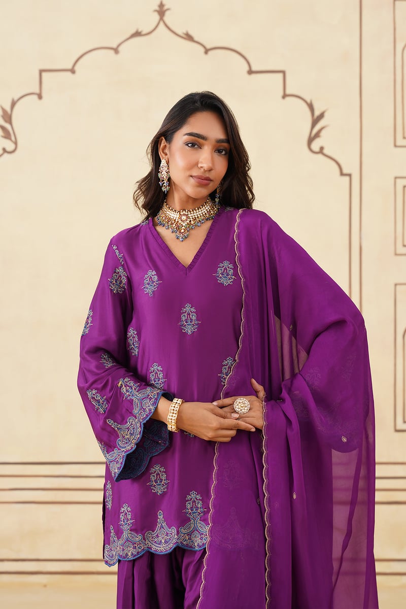 Wine Embroidered Kurta Set with Farshi Pants and Dupatta
