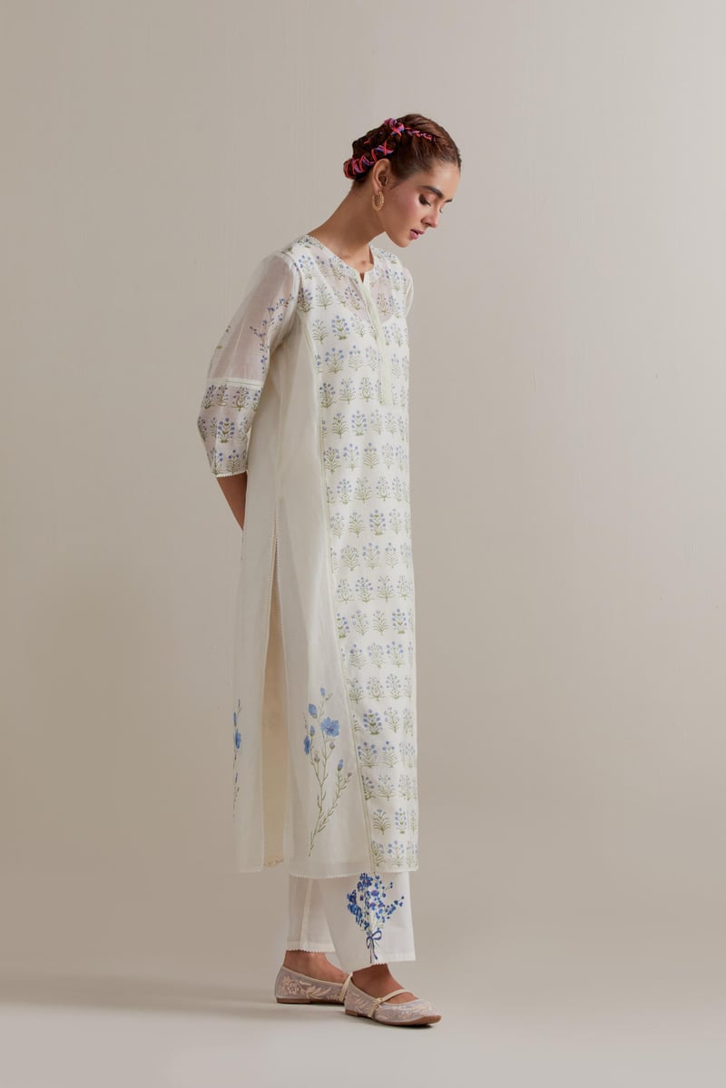 Off-White Floral Block Print Cotton Chanderi Kurta Set