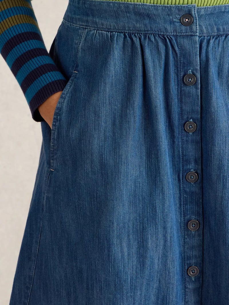 Mid Denim Button-Through A-Line Midi Skirt with Pockets
