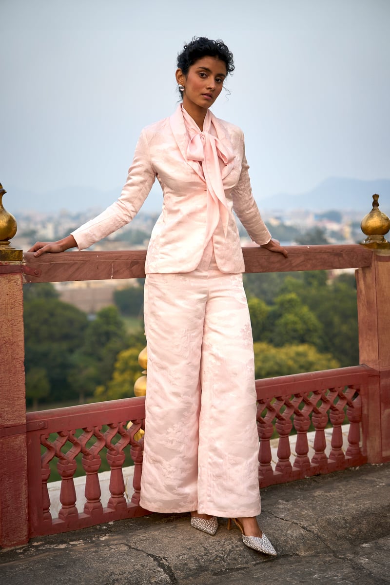 Powder Pink Brocade High-Waist Wide-Leg Trousers