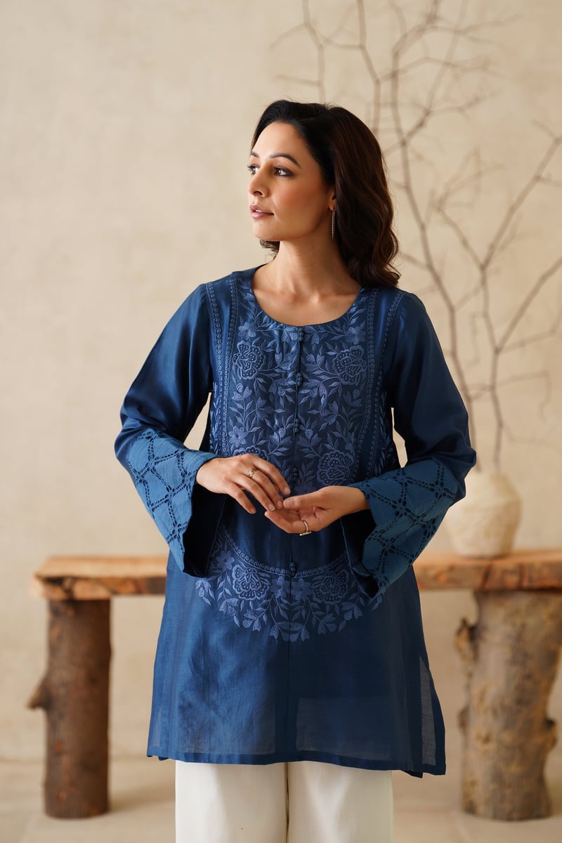 Blue Chanderi Embroidered Tunic and Cream Palazzo Co-ord Set