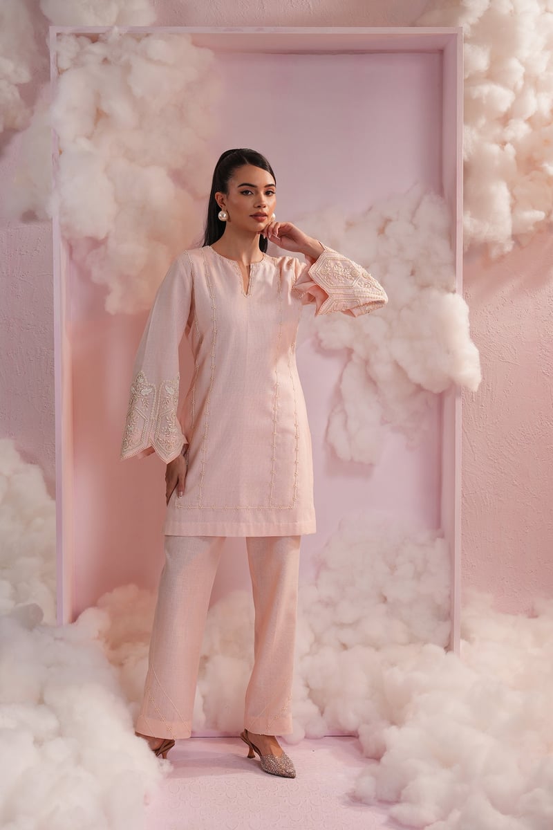 Baby Pink Pearl Embroidered Kurta and Flared Pant Co-ord Set — Simar Tuli
