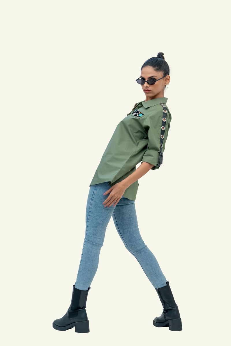 Olive Cotton Shirt with Embroidery on Pockets