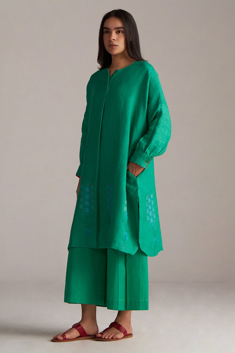 Simply Green Linen Kurta and Wide-Leg Pants Co-ord Set