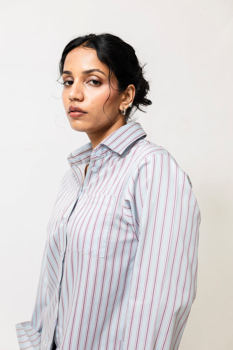 Blue Red Striped Shirt with Detachable Lace Hem