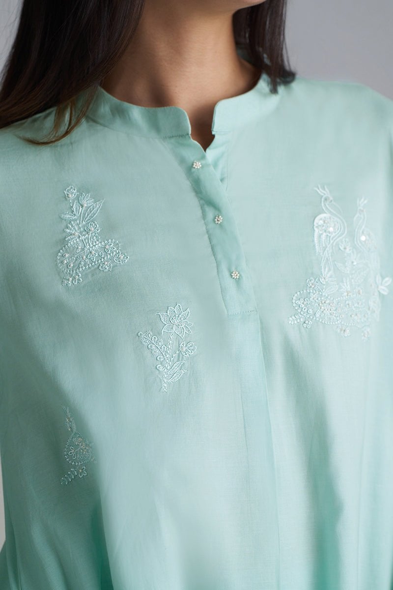 Dusky Aqua Mul-Mul Embroidered Kurta and Pant Co-ord Set
