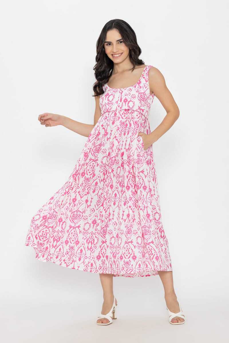 Pink Printed Fit and Flare Midi Dress