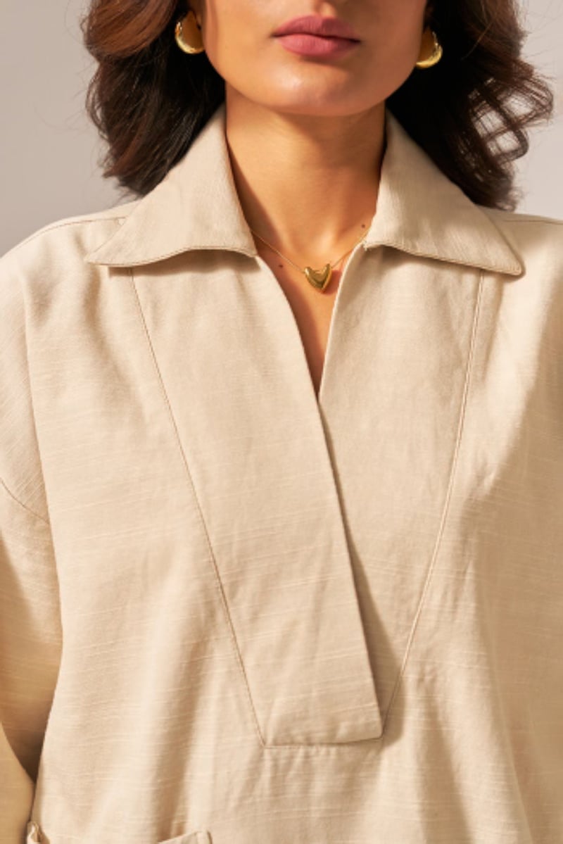 Beige Cotton Slub Shirt and Tapered Pants Co-ord Set