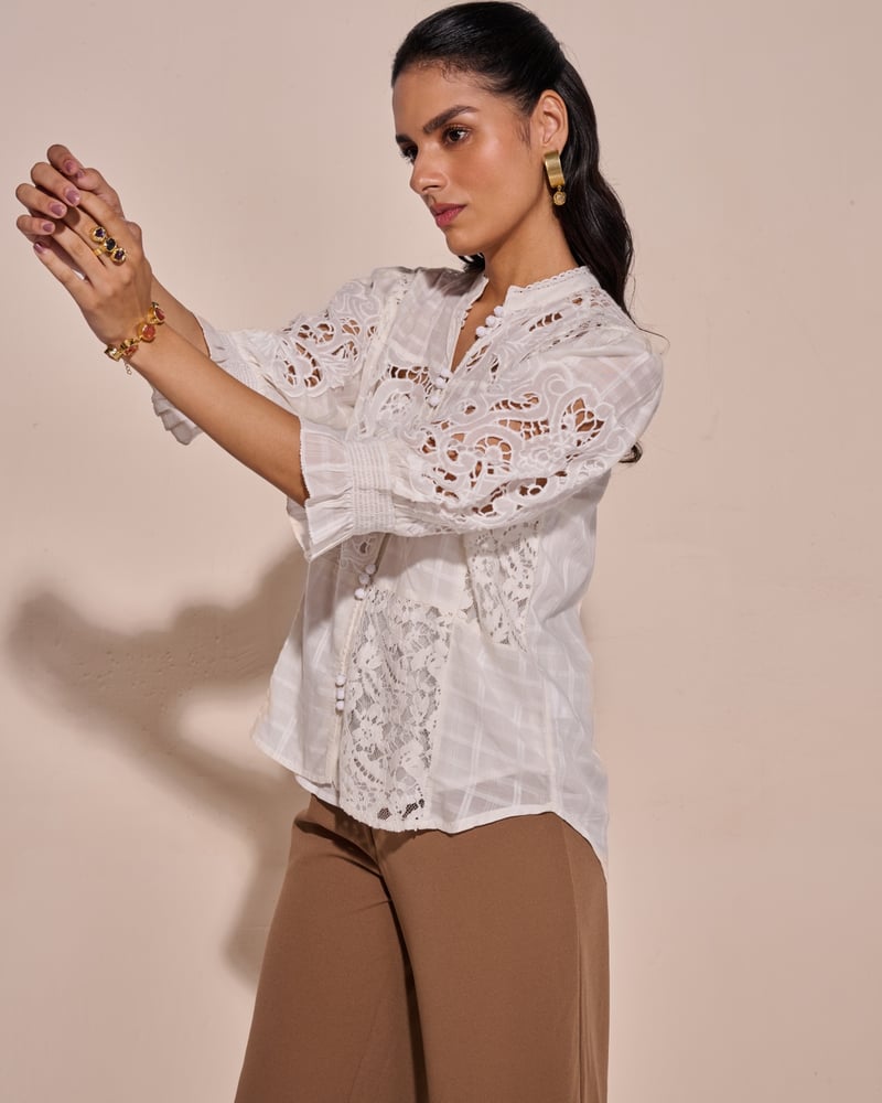 White Cotton Lace Insert Mandarin Collar Top