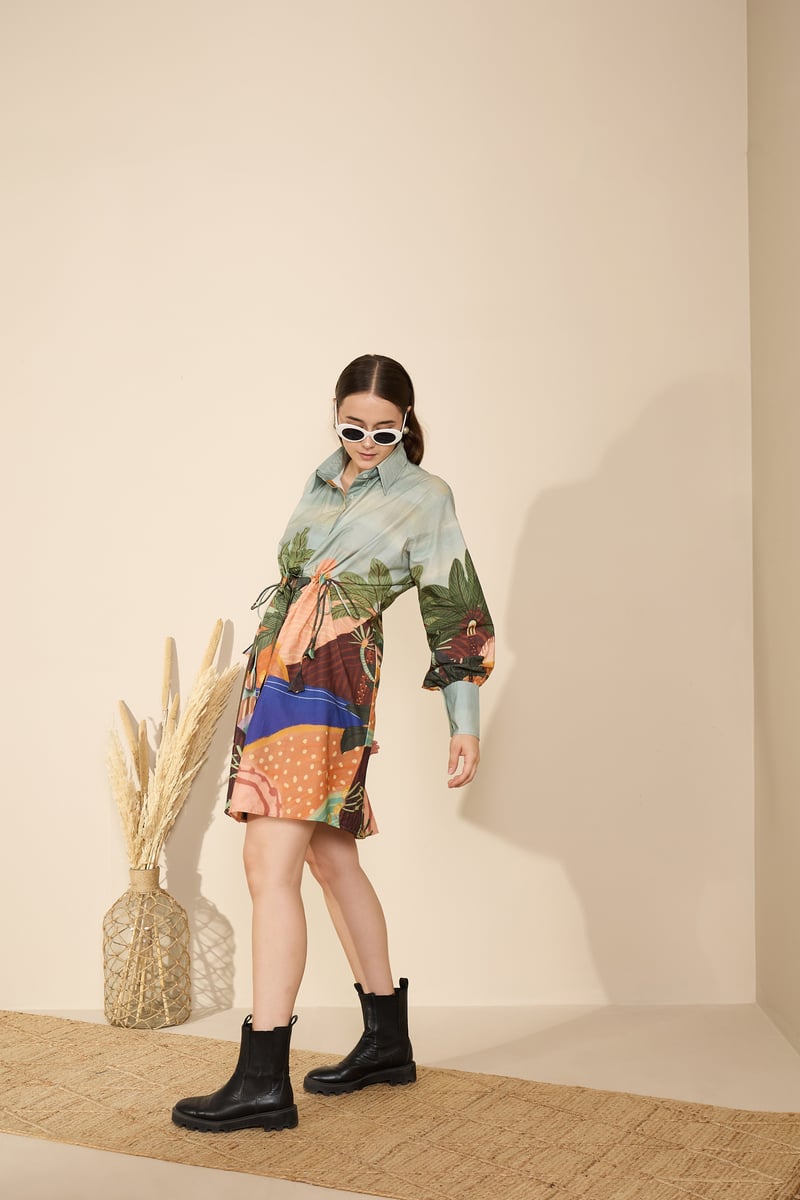Printed Cotton Poplin Shirt Dress with Drawstring Waist
