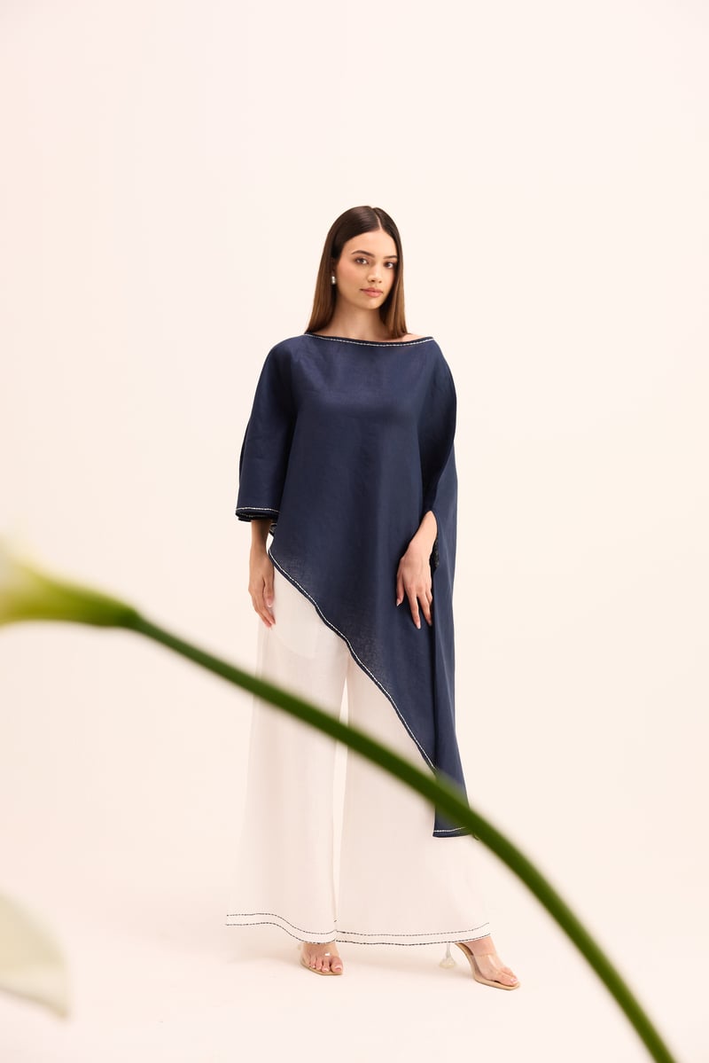 Blue Cape Top and White Linen Pants Co-ord Set