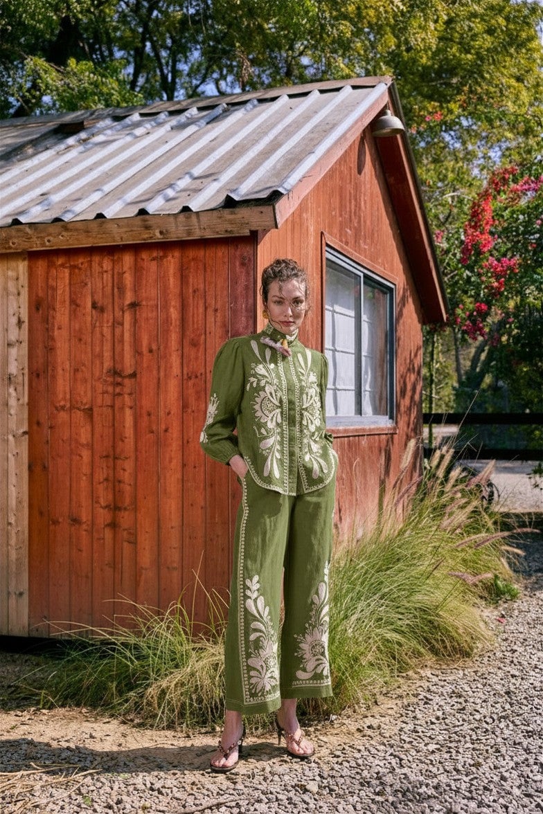 Green Linen Wide-Leg Trousers with Placement Print