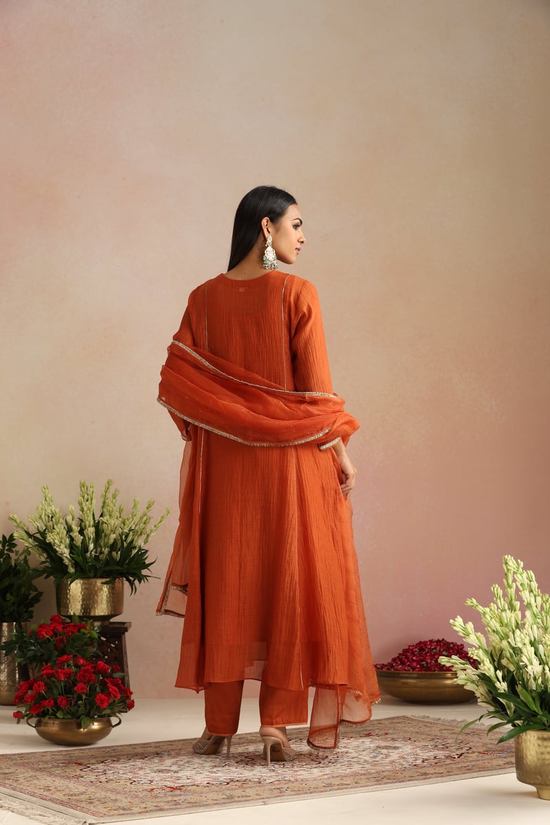 Burnt Orange Silk Chanderi Kurta Set with Gota Trim