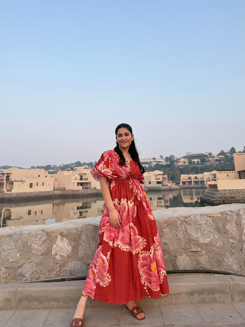 Red Pink Floral Printed Maxi Dress with Puff Sleeves