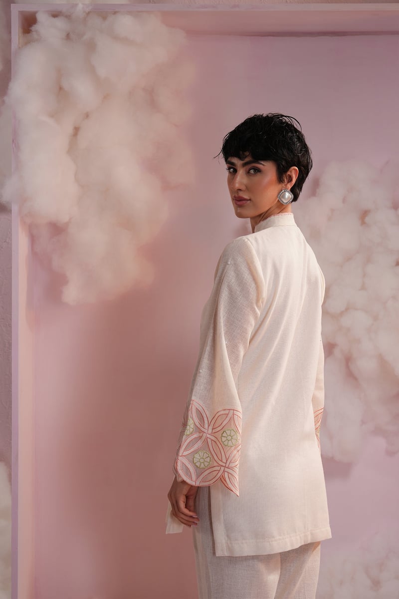 Cream Linen Embroidered Bell Sleeve Co-ord Set
