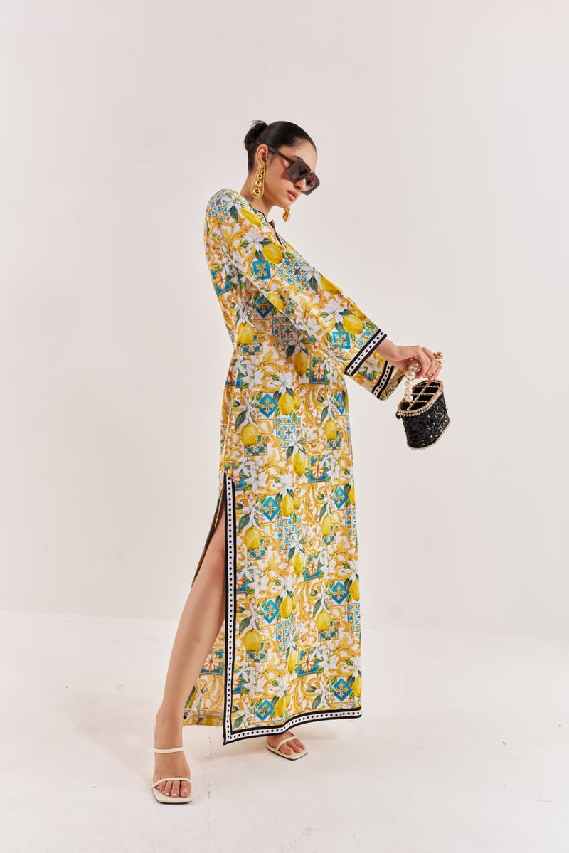 White/Yellow Lemon Print Cotton Poplin Maxi Kaftan
