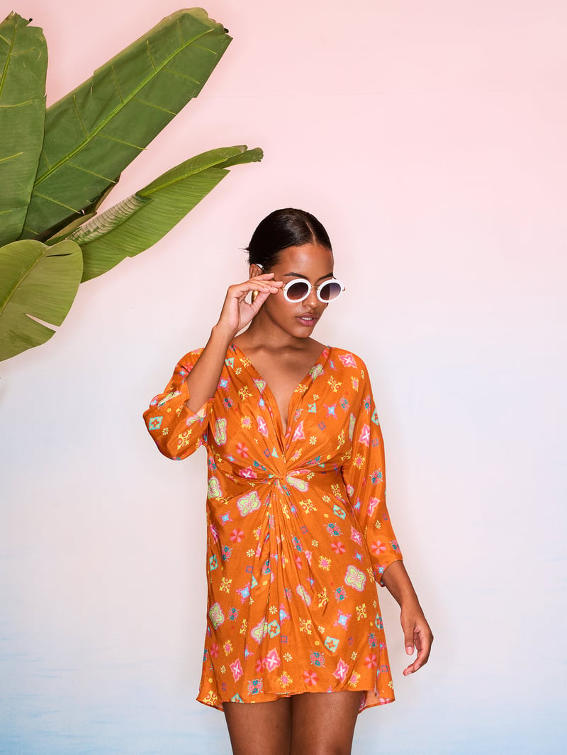 Orange Floral Printed Front Knot Mini Dress