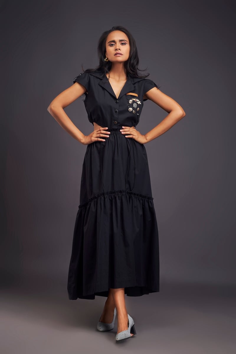 Black Lapel Collar Midi Dress with Side Cutouts — Deepika Arora