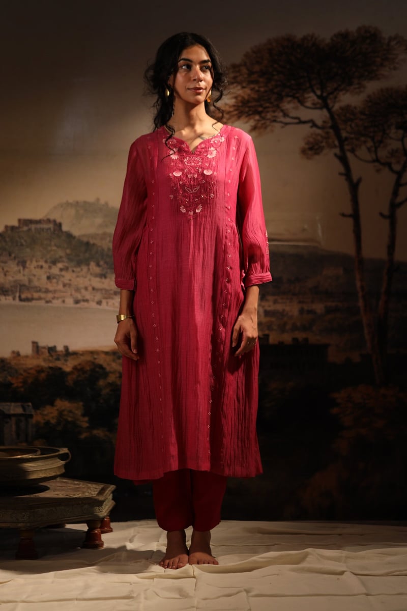 Hot Pink Embroidered Yoke Kurta Set with Pants and Slip