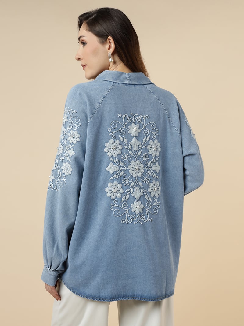Light Blue Denim-Look Embroidered Longline Jacket