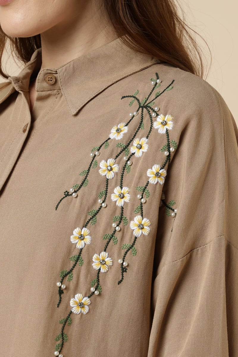 Brown Longline Embroidered Button-Down Shirt