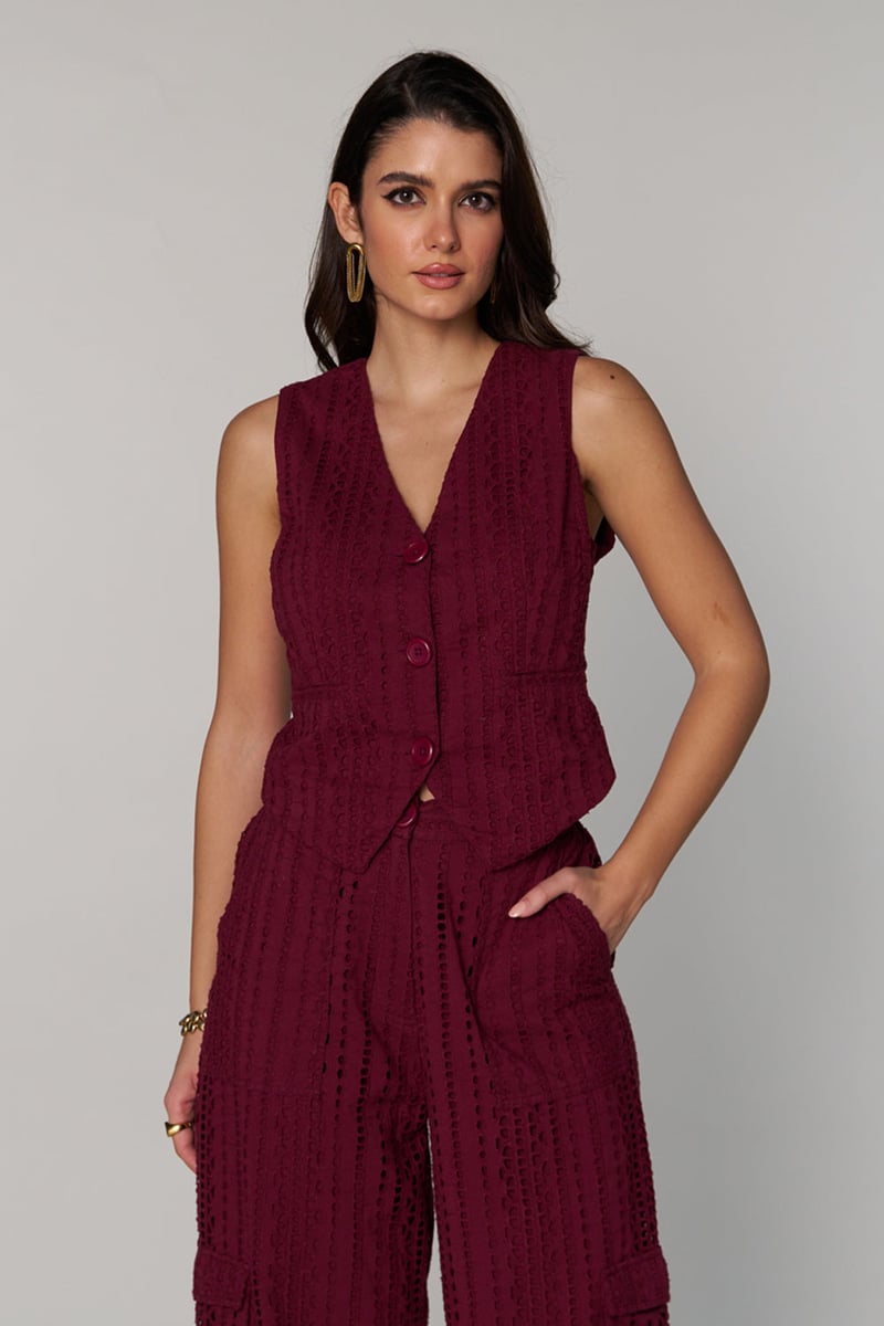 Wine Schiffli Cutwork Button-Front Tailored Waistcoat