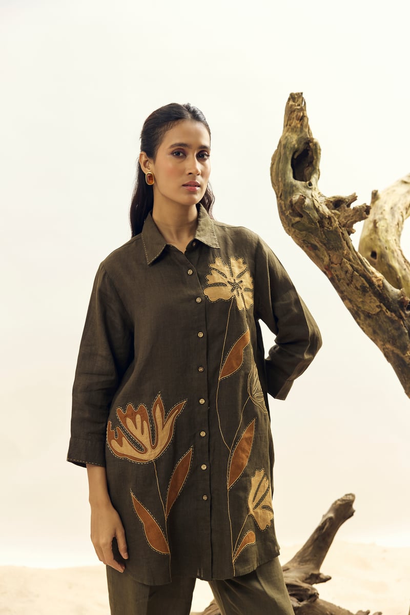 Olive Linen Longline Shirt with Botanical Applique
