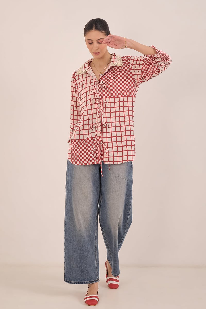 Red and White Patchwork Check Tie-Up Shirt Tunic