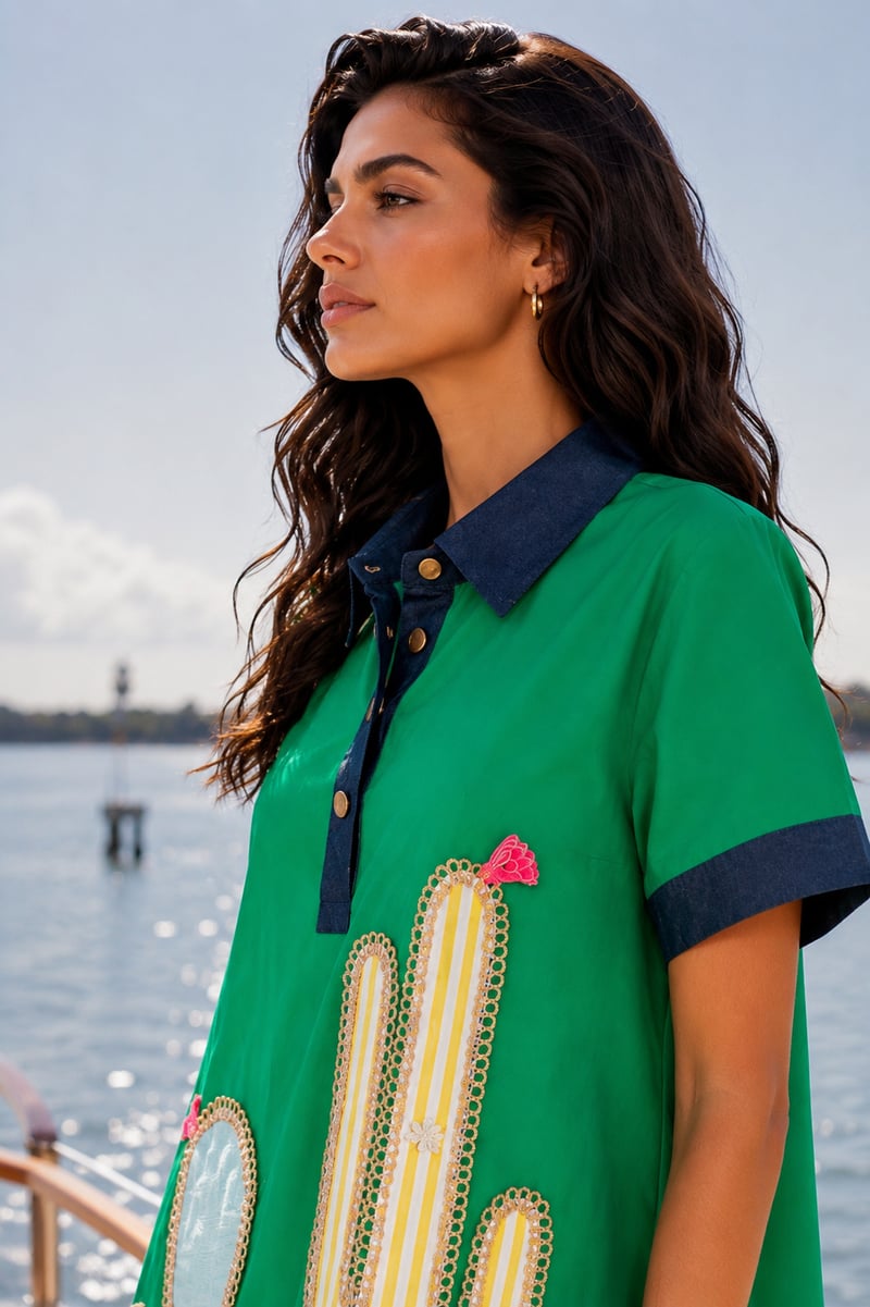 Green Collared A-Line Mini Dress with Cactus Appliqué