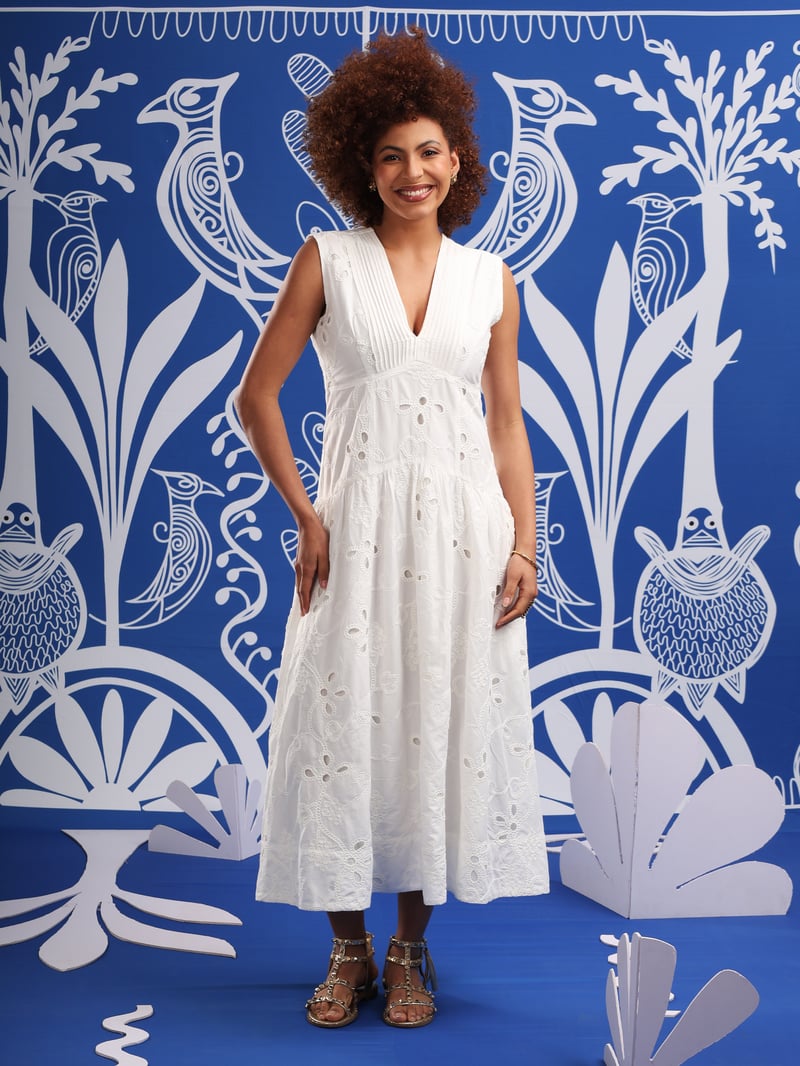 White Embroidered Cutwork Tiered Midi Dress