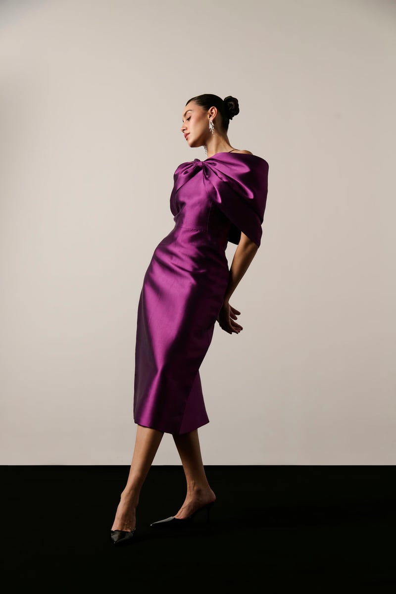 Purple Satin Off-Shoulder Bow Sheath Midi Dress