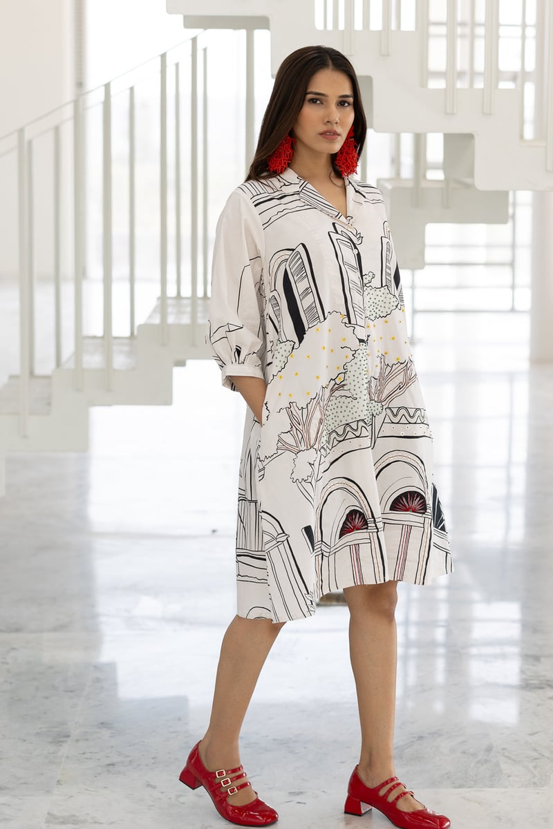 White Graphic Print Shirt Dress