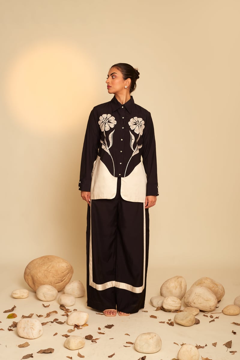 Black and Cream Embroidered Shirt and Pants Co-ord Set